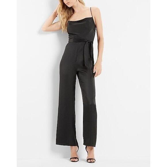 NEW EXPRESS $88 BLACK SATIN‎ BELTED COWL NECK WIDE LEG JUMPSUIT SZ XS - Picture 1 of 5